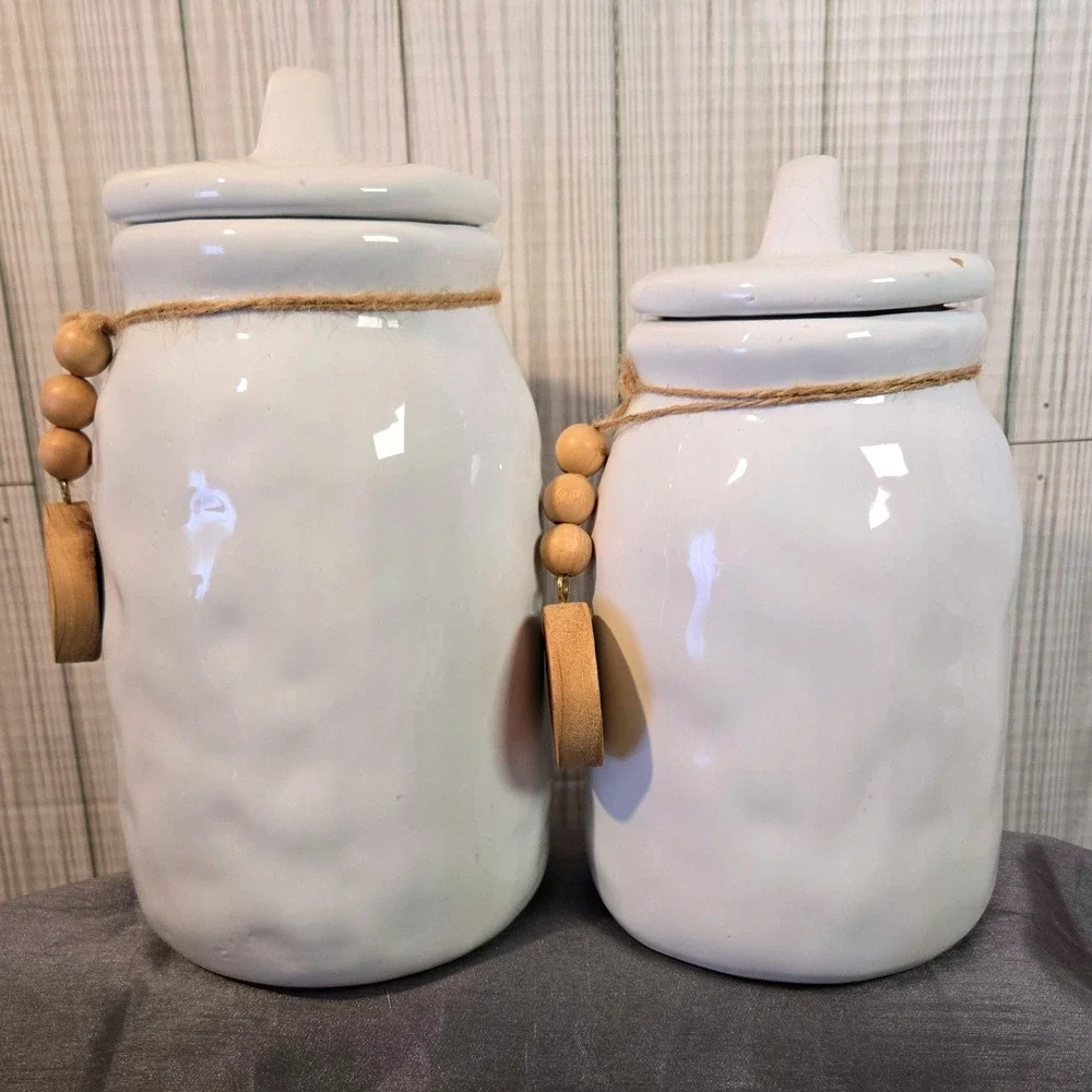 Tall Pebbled White Salt Cellar‎ Wood Tag Sugar & Coffee Canister